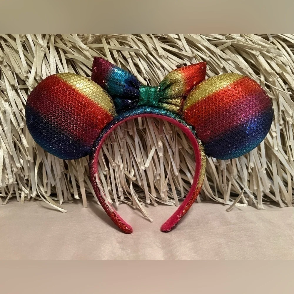 DISNEY PARKS Rainbow Sequins Minnie Mouse Ears Headband Pink Red Purple Blue